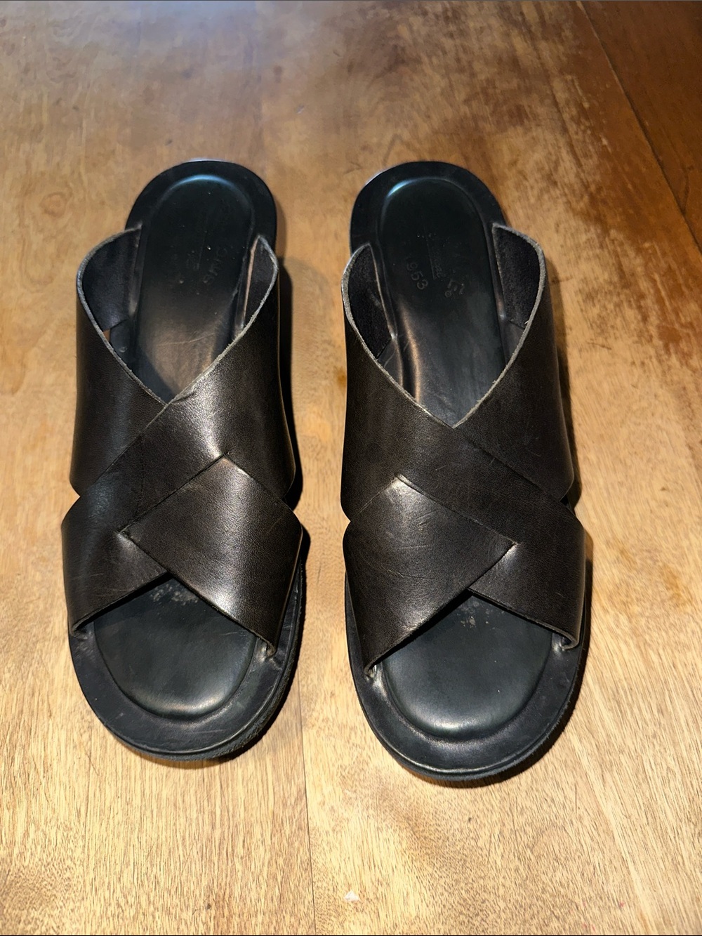Kork-Ease Black Leather Cross-Strap Slide Sandals